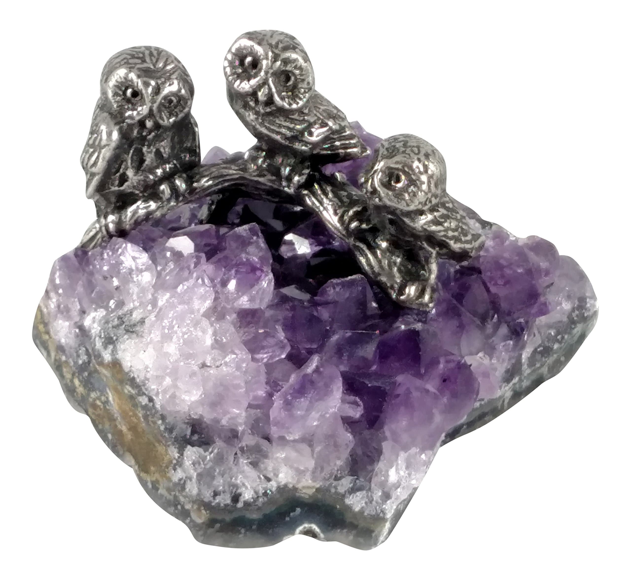 Pewter Owls - Three on a Branch - Quality Amethyst Base