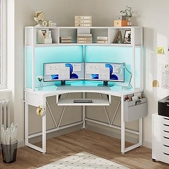 SEDETA Corner Desk, Small Computer Desk with Hutch & LED Lights, Triangle Corner Computer Desk with Keyboard Tray, Storage Bag, and Headphone Hook for Small Space, Home Office Desk, White