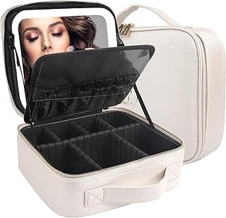 Travel Makeup Bag Cosmetic Bag Makeup Organizer Bag with Lighted Mirror, Adjustable Brightness in 3 Color Scenarios, Waterproof Makeup Train Case, Gift for Women - Khaki