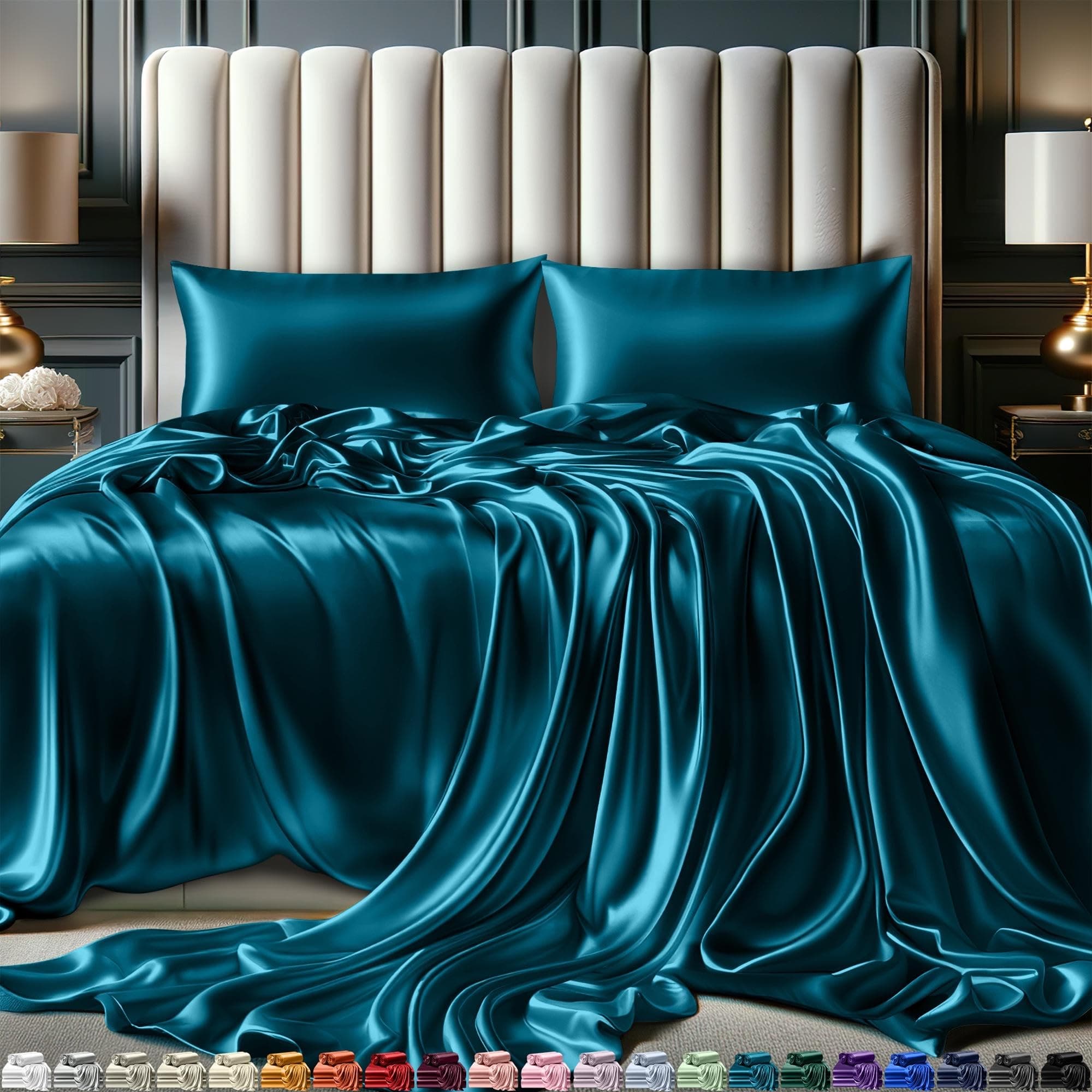 DECOLURE Satin Sheets King Size Set 4 Pcs - Silky & Luxuriously Soft Satin Bed Sheets w/ 15inch Deep Pocket - Similar to Silk Sheets - Double Stitching, Wrinkle Free (Sea Teal-01)