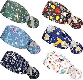 6 Pcs Scrub Caps for Women with Buttons, Adjustable Bouffant Surgical Caps with Ponytail Holder, Cotton Nurse Hats