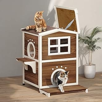 DWVO Large Two-Story Outdoor Cat House for 2 Cats, Solid Wood Feral Cat Shelter Weatherproof with Escape Door & Openable Asphalt Roof, 2 Story Outside Cat Condo with Windows for Small Animals, Brown