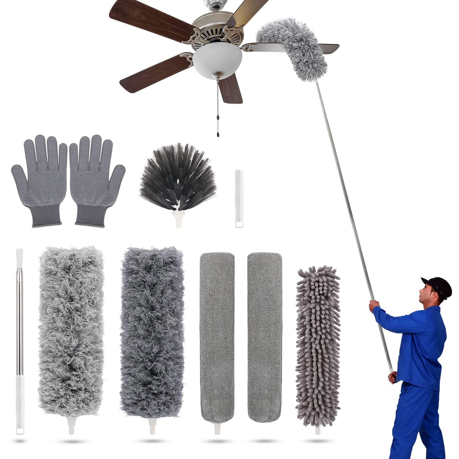 Duster with Extension Pole for Cleaning Ceiling Fans, High Ceilings, in Addition, Dusters for Cleaning Can Also Be Used for Low Places Cleaning, Such As Cabinets, Sofas, and Other Small Spaces.