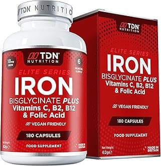 TDN Gentle Iron Capsules 18mg Iron Complex with Vitamin C, B12, B2 & Folic Acid - Iron Supplement for Women & Men - 180 Small High Strength Capsules - 6 Month Supply - UK Formulated - Vegan Friendly