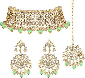 Aheli Elegant Indian Faux Kundan Studded Choker Necklace with Maang Tikka Set Ethnic Wedding Wear Fashion Jewelry Gift for Women