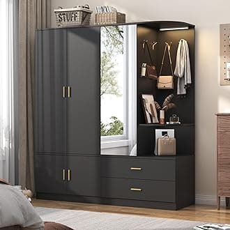 XVD Armoire Wardrobe Closet with Mirror & Sensor Light, Bedroom Armoire with 5 Doors & 2 Drawers, Modern Wooden Large Wardrobe Closet with Shelves, 4 Hooks, 2 Hanging Roods, Open Space, Black