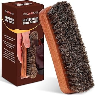 6.7" Horsehair Shoe Shine Brush - 100% Soft Genuine Horse Hair Bristles - Unique Concave Design Wood Handle - Comfortable Grip, Anti Slip - for Boots, Shoes & Other Leather Care (#1)