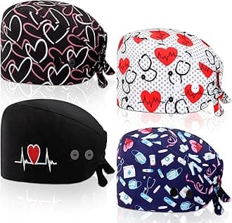 4 Pcs Nurse Caps for Women Nursing Working Caps with Button and Sweatband Adjustable Elastic Scrub Hats for Dentist