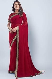 SIRIL Women's Georgette Lace Boarder Saree With Unstitched Blouse Piece