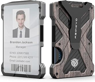 Oaridey Minimalist Wallet for Men - Slim Aluminum Metal Money Clip Wallet with Clear ID Card Holder, Carbon Fiber, RFID Blocking, Holds up to 15 Cards, Walnut