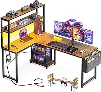 53 Inch L Shaped Desk with LED Lighting, Reversible Gaming Desk with Power Outlets, Cornor Computer Table with Storage Shelves & Bag & Iron Hook, Home Office Table for Writing, Study, Vintage