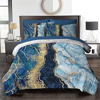 BlessLiving Marble Bed in A Bag Full Navy Blue Gold Glitter Comforter Set 8 Piece Modern Mable Bedding Set (1 Comforter, 2 Pillowcases, 2 Pillow Shams, 1 Flat Sheet, 1 Fitted Sheet, 1 Cushion Cover)