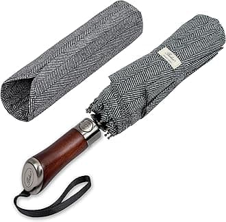 (Designed in UK) Travel Umbrella Luxurious Golden Hardwood Handle Auto Open & Close Windproof Frame Single Canopy Automatic Folding Umbrella Men's & Ladies