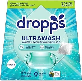 Dropps UltraWash Dishwasher Detergent Pods, Unscented (32 Ct) - Free & Clear | Cuts Grease & Stuck-On Food | Sparkling Dishes & Glasses | Residue-Free | Clean Ingredients | Plastic Free Packaging
