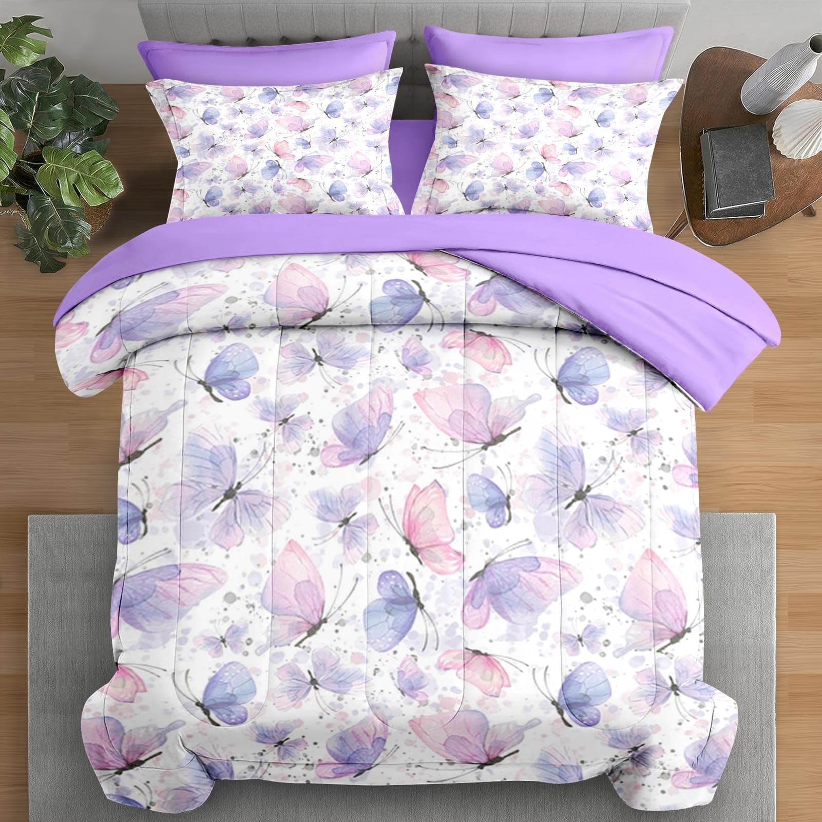 Comforter Set Full Size, Cute Lilac Pink 7 Pcs Bedding for Kids and Adults, Butterfly Cat Purple Bed Sheet Sets with Fitted Sheet 2 Pillowcases & 2 Shams for Bedroom Bed Decor
