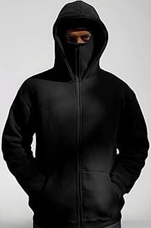 DROBE Plain Cotton Hooded Neck with Mask Stylish Balaclava Black Zipper Hoodie