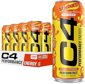 CellucorC4 Performance Energy Drink | STARBURST Orange | Zero Sugar Carbonated Preworkout Energy | 200mg Caffeine with Beta Alanine | 16 Fl Oz (12 Pack)