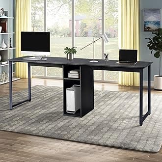 Two Person Desk, Double Computer Desk with Storage Shelves, Writing Table Desk for Home Office- White (Black)