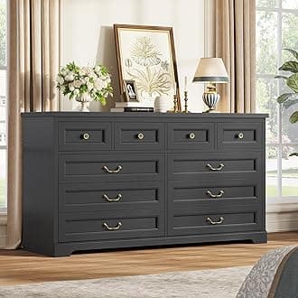 Hasuit Farmhouse 10 Drawer Dresser for Bedroom, 55.1" Wide Dressers Chest of Drawers, Rustic Wood Storage Cabinet with Deep Drawers and Vintage Handle, Large Black Dresser for Bedroom, Closet, Hallway