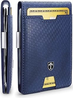 Mens Slim Wallet with Money Clip AUSTIN RFID Blocking Bifold Credit Card Holder for Men with Gift Box, Blue & Metal