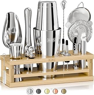 Mixology Bartender Kit Bar Set | 16-Piece Cocktail Shaker Set | Martini Barware Mixing Tools for Home Bartending | Incl. 35 Recipe Cards | Gift Set (28oz Boston Shaker, Silver/Natural)