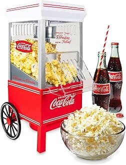Vintage Coca-Cola Hot-Air Popcorn Maker Machine - Makes Up to 12 Cups - Oil-Free - Healthier Popcorn - Classic Stand-Up Cart With Wheels - Includes Kernel Measuring Cup - White & Red