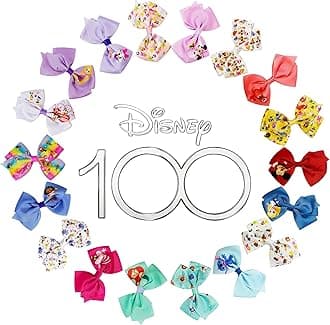Disney 100th Anniversary Special Hair Accessory for Girls|18pc Disney Hair Bow Clips Featuring Favorite Characters with a String Bag Bow Holder with hanger. For all occasions & ages 3+