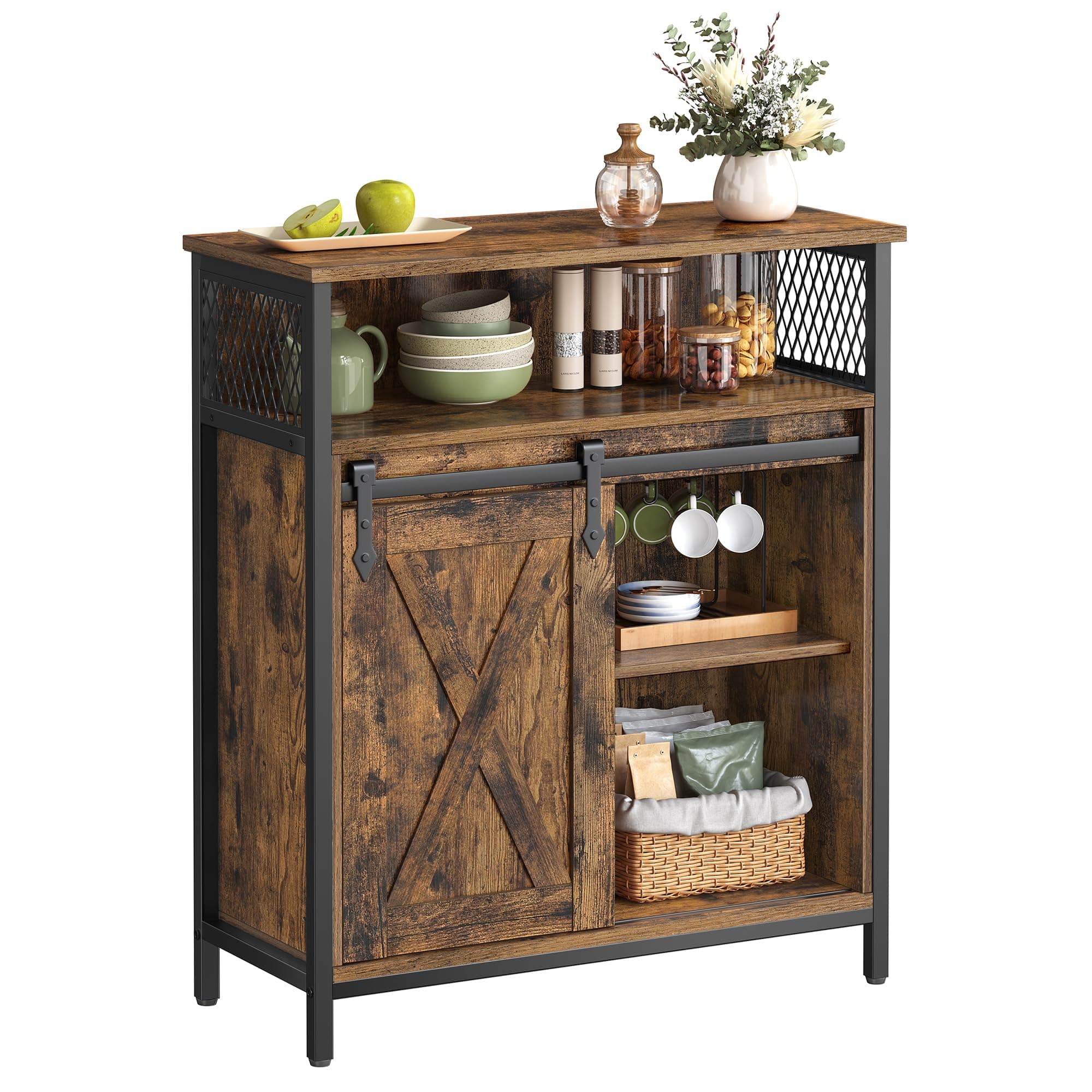 Storage Cabinet, Sideboard, with Sliding Barn Door, Open Compartment, Adjustable Shelf, Industrial Style, for Entryway, Living Room, Kitchen, Office, Rustic Brown and Black LSC089B01
