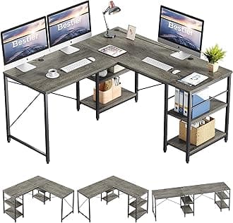Bestier L Shaped Desk with Shelves Reversible Corner Desk 240CM Industrial Long Table Stable Desk L Shape Computer Workstation with 3 Cable Holes