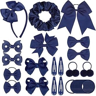 48Pcs Girls School Hair Accessories Kit Navy blue Bow Hair Clips Headband Ponytail Holder Elastics Bands Ribbon Hair Barrettes Hair accessories for girls Birthday Gift(Nblue)