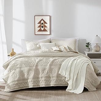 WDCOZY Beige Boho Queen Size Quilt Bedding Set with 2 Pillow Shams, Farmhouse Lightweight Soft Bedspread Coverlet for All Season, 3 Pieces, 90x90 inches
