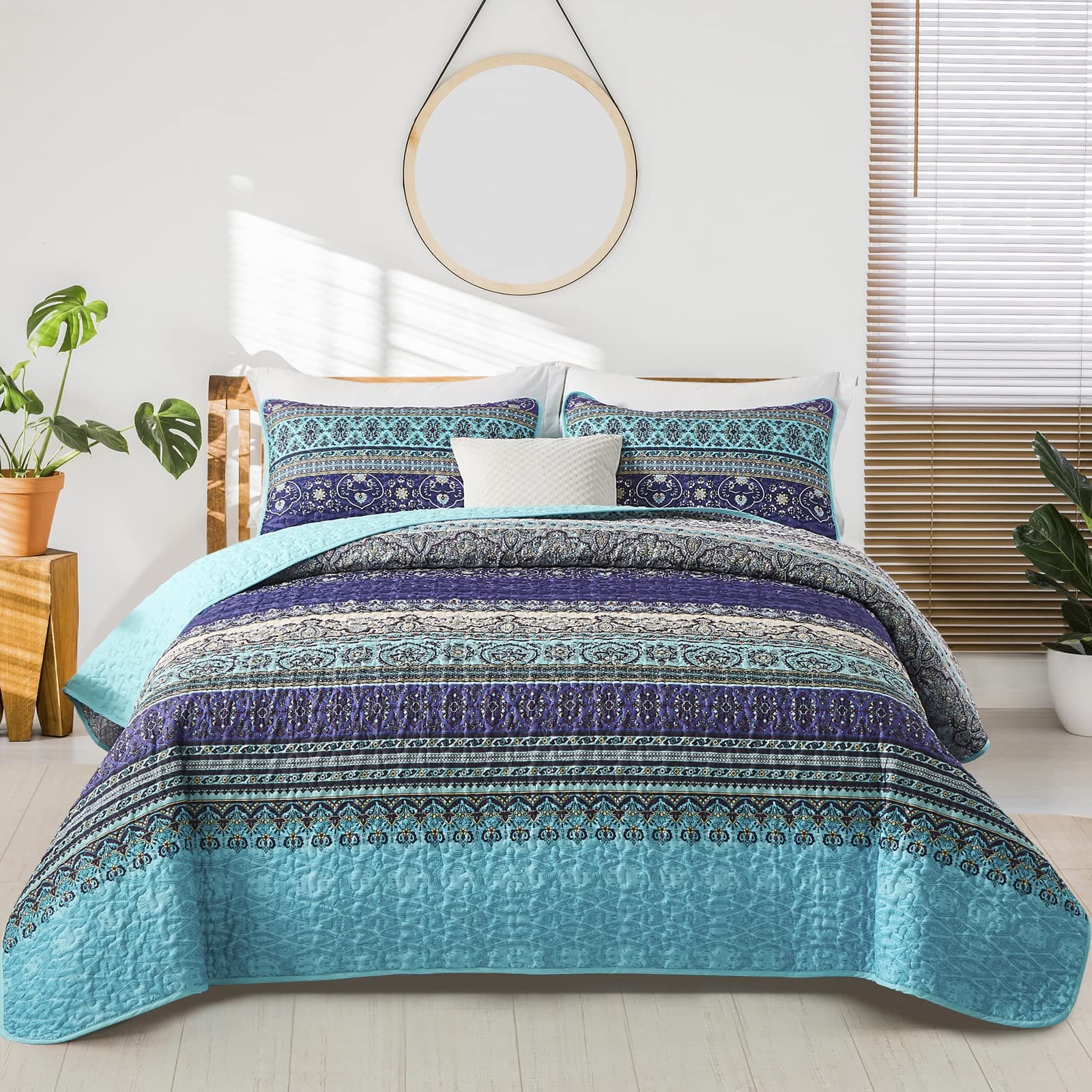 WONGS BEDDING Bohemian Bedspread Double Boho Striped Pattern Printed Quilted Bedspread Coverlet for All Season,Soft Microfiber Quilt Double Size 220x240cm