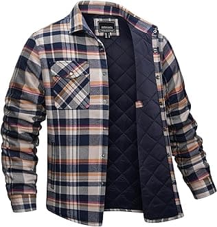 Men's Flannel Shirt Jacket Quilted Lined Plaid Coats Warm Winter Jacket Thick Button Down Coat with 5 Pockets