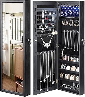 NicetreeNicetree 6 LEDs Mirror with Jewelry Storage, Over Door Jewelry Armoire with Mirror, Full Length Mirror Jewelry Cabinet, Wall Mounted Jewelry Organizer Box, Black