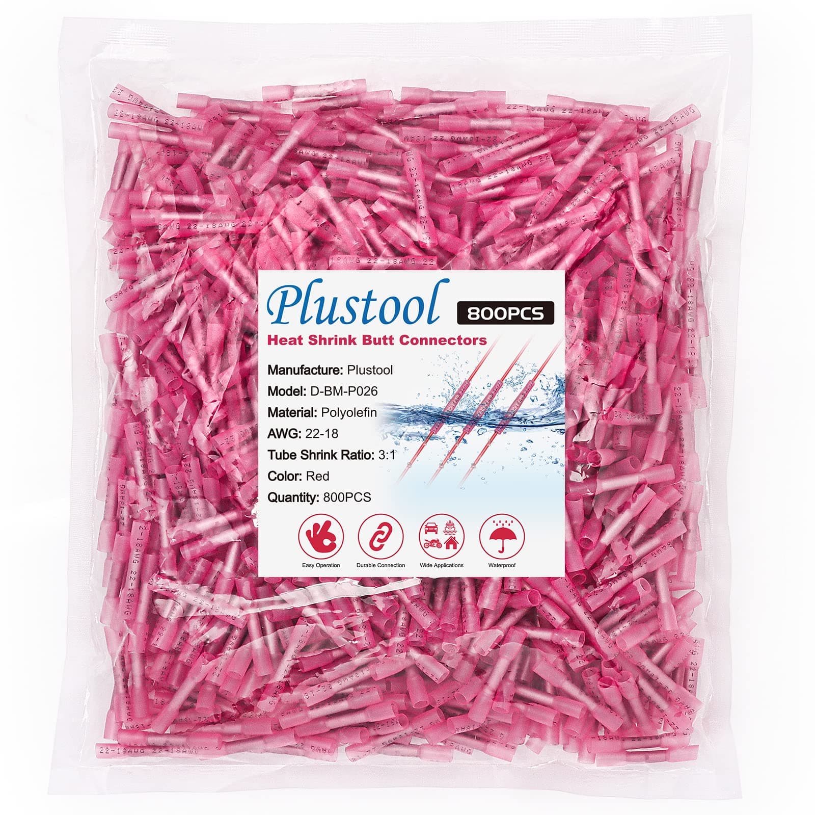 800PCS Red Heat Shrink Butt Connectors AWG 22-18, Plustool Marine Grade Electrical Wire Connectors, Tinned Red Copper 0.7mm, Insulated Waterproof Crimp Terminals Butt Splice for Cable,Boat,Wiring