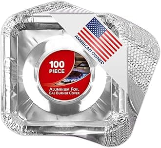 Gas Burner Liners (100 Pack) Disposable Aluminum Foil Square Stove Burner Covers - 8.5 Inch Gas Range Protector Bibs Keep Stove Clean - Foil Liners to Catch Oil, Grease and Food Spills
