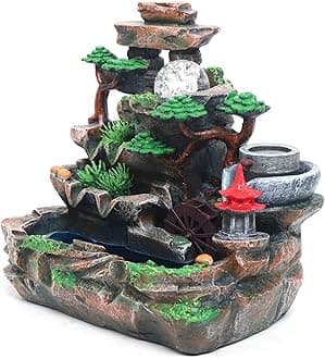 Tabletop Water Fountains Home Office Desktop Waterfall Rockery Water Fountain with Fake Plants Feng Shui Decor for Good Luck Wealth (Type 4)