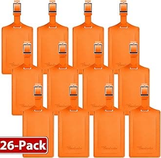 Travelambo 26 Pack Luggage Tags for Suitcases Privacy Protection Bag Tags Faux Leather Travel Accessories Essential, Hot Orange