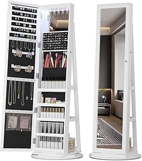 OUTDOOR DOIT 360° Rotating 67'' Jewelry Armoire with 6 LEDS, Full Length Mirror Large Capacity Jewelry Organizer Armoire, Lockable Floor Standing Mirror with Back Storage Shelves