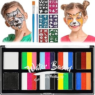 Face Paint Kit, 26 Colors Rainbow Body Paint for Kids Adults, Safe & Non-Toxic Water Based Split Cake Face Paint Palette with 2 Brushes 56 Stencils, Makeup Set for Halloween Christmas Cosplay