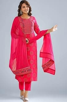 GoSriKi Women's Cotton Blend Printed Straight Kurta with Pant & Dupatta