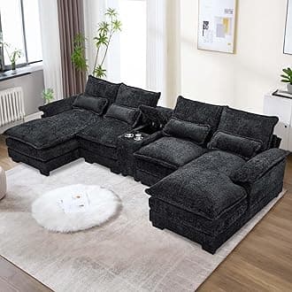 Black Couch for Living Room, 124.8" U Shaped Cloud Couch Sectional Sofas with Storage Cupholders, Modern Oversized Sectional Sofa Modular Couches with Double Chaise Lounge for Apartment