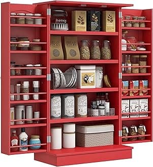 HOMCOM 41" Kitchen Pantry Storage Cabinet, Freestanding Kitchen Cabinet with 12 Door Shelves, Double Doors, 5-Tier Shelving and Adjustable Shelves, Red