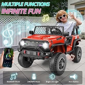 Hikole Two Seater 24Volt Ride on Toys for Big Kids with Parent Remote, 4×4wd Switchable, Electric Car, Side by Side Truck, Shovel, Led Car Lights, Horn, Music/USB/Bluetooth, Red