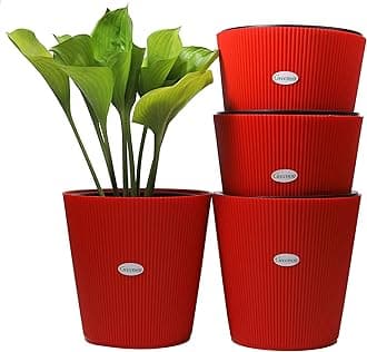 GREENON® 10 Inch Self Watering Plant Pot Set of 4 (8 Pots) | Red Outer & Black Inner Planters | Heavy Duty Virgin Plastic | UV Treated Unfadable Gamla | Ideal for Indoor, Balcony & Home Garden