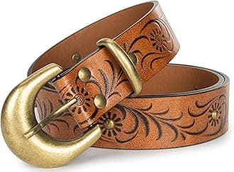 Vintage Western-Cowboy-Belt for Women Men - Carved Buckle PU Leather Waist Belts (for Waist 28"-38")