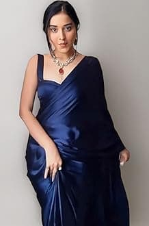 SHOPAZ Women Ready to Wear Plain Navy Blue Satin Silk Readymade Pre Pleated Saree With Unstitched Blouse