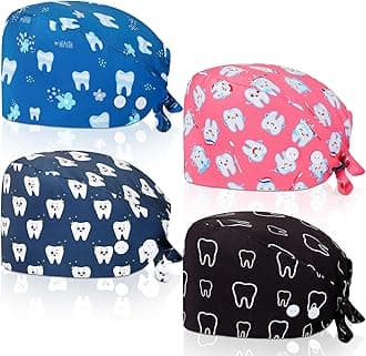 Unittype 4 Pcs Nurse Caps for Women Nursing Working Caps with Button and Sweatband Adjustable Elastic Scrub Hats for Dentist