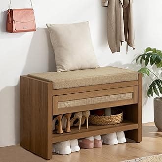 SICOTAS Rattan Shoe Bench Entryway Bench with Storage Drawer and Linen Seat Cushion, Farmhouse Boho Shoe Rack with Shelf, Wooden Storage Bench for Entryway Hallway and Bedroom, Caramel Oak