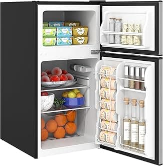 3.2 Cu.Ft Mini Fridge with Freezer, Double Door Compact Refrigerator with Adjustable Thermostat, Shelf and Reversible Door for Bedroom, Dorm, Home Office, Energy Efficient, Black